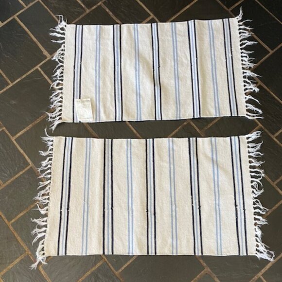 IKEA Signe White Blue Stripe Cotton Fringe Area Rugs Qty 2 - Picture 1 of 10